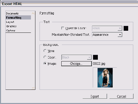 Категория Formatting диалогового окна Export HTML