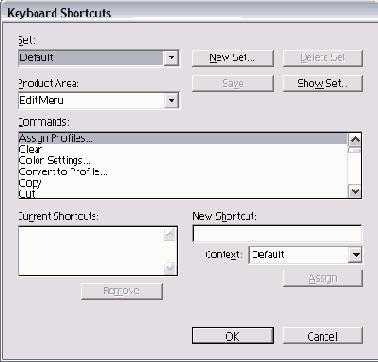 Диалоговое окно Keyboard Shortcuts